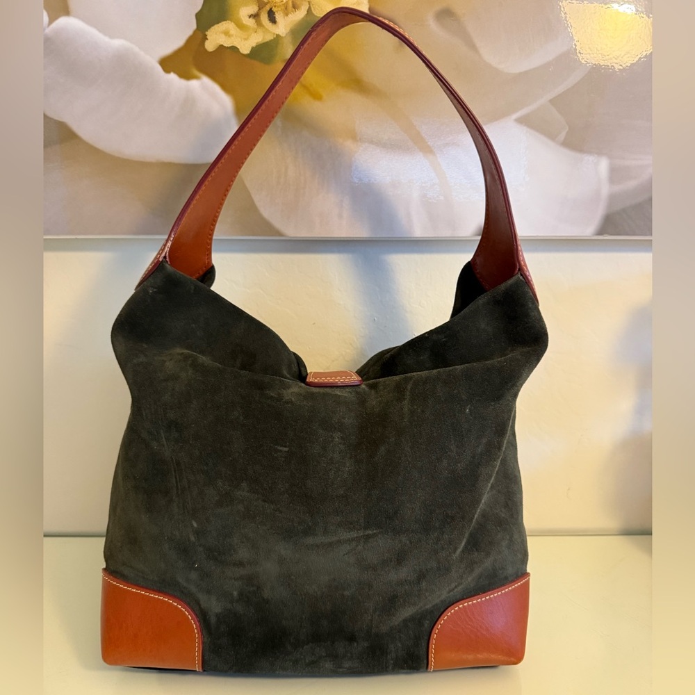Large Dooney & Bourke Shoulder Bag - Black Suede, Leather accents, Red Interior - Picture 4 of 16